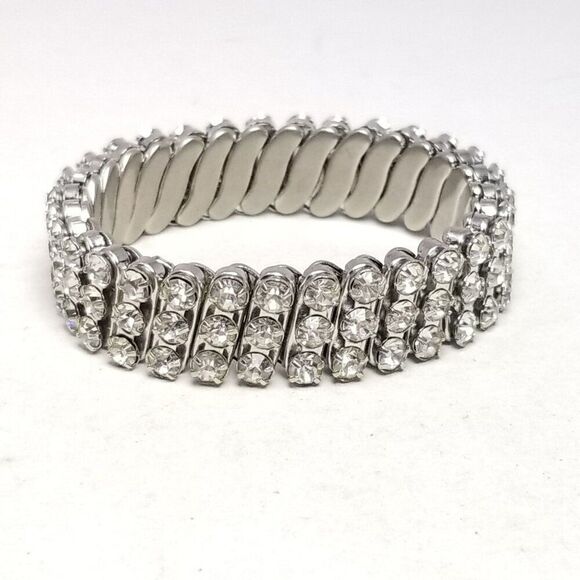 Vintage Three Row Rhinestone Expansion Bracelet, Silver Tone, Retro estate - Picture 1 of 5